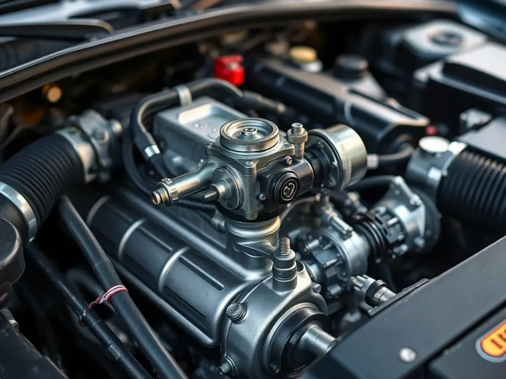 A detailed shot of a vehicle's engine bay, showcasing a high-performance oil pump assembly designed to maintain optimal lubrication in cold temperatures. The engine is clean and well-maintained, highlighting the importance of winter car care.
