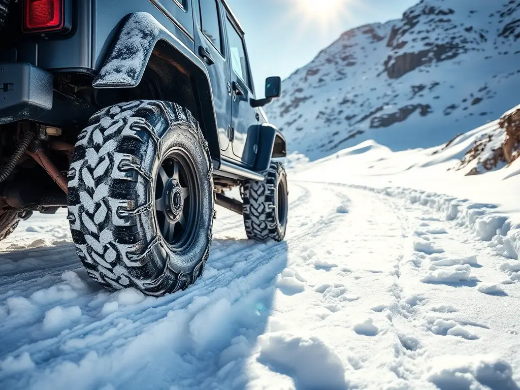 An image of a vehicle equipped with sturdy snow chains, navigating through a snow-covered mountain road. The chains are tightly fitted around the tires, providing extra traction in deep snow.