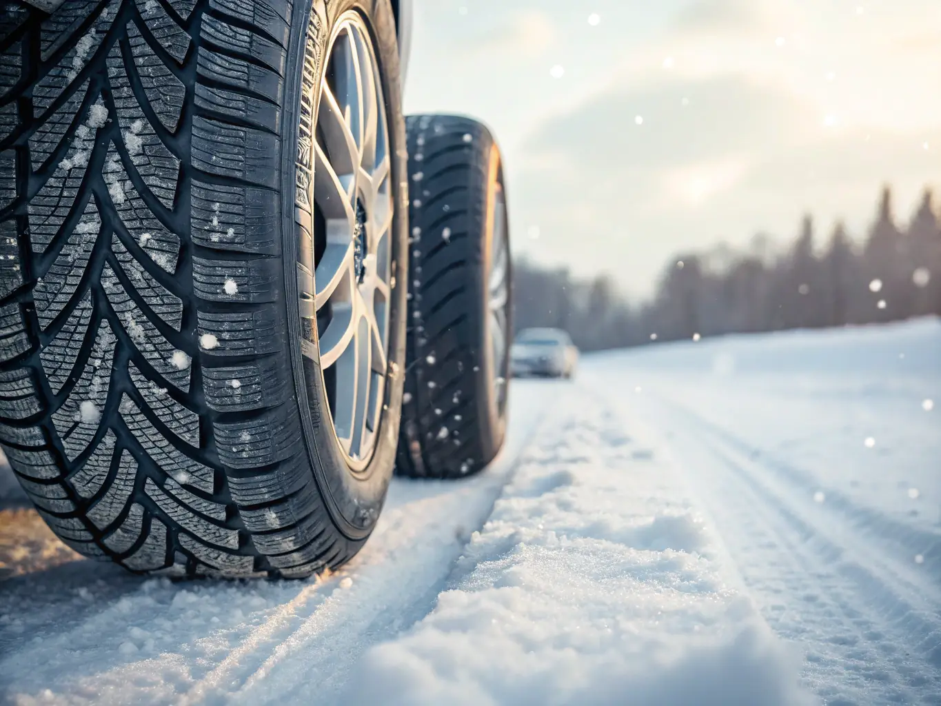 A close-up shot of high-performance winter tires with deep treads designed for maximum grip on snow and ice. The tires are mounted on a sleek, modern rim, set against a snowy road background.